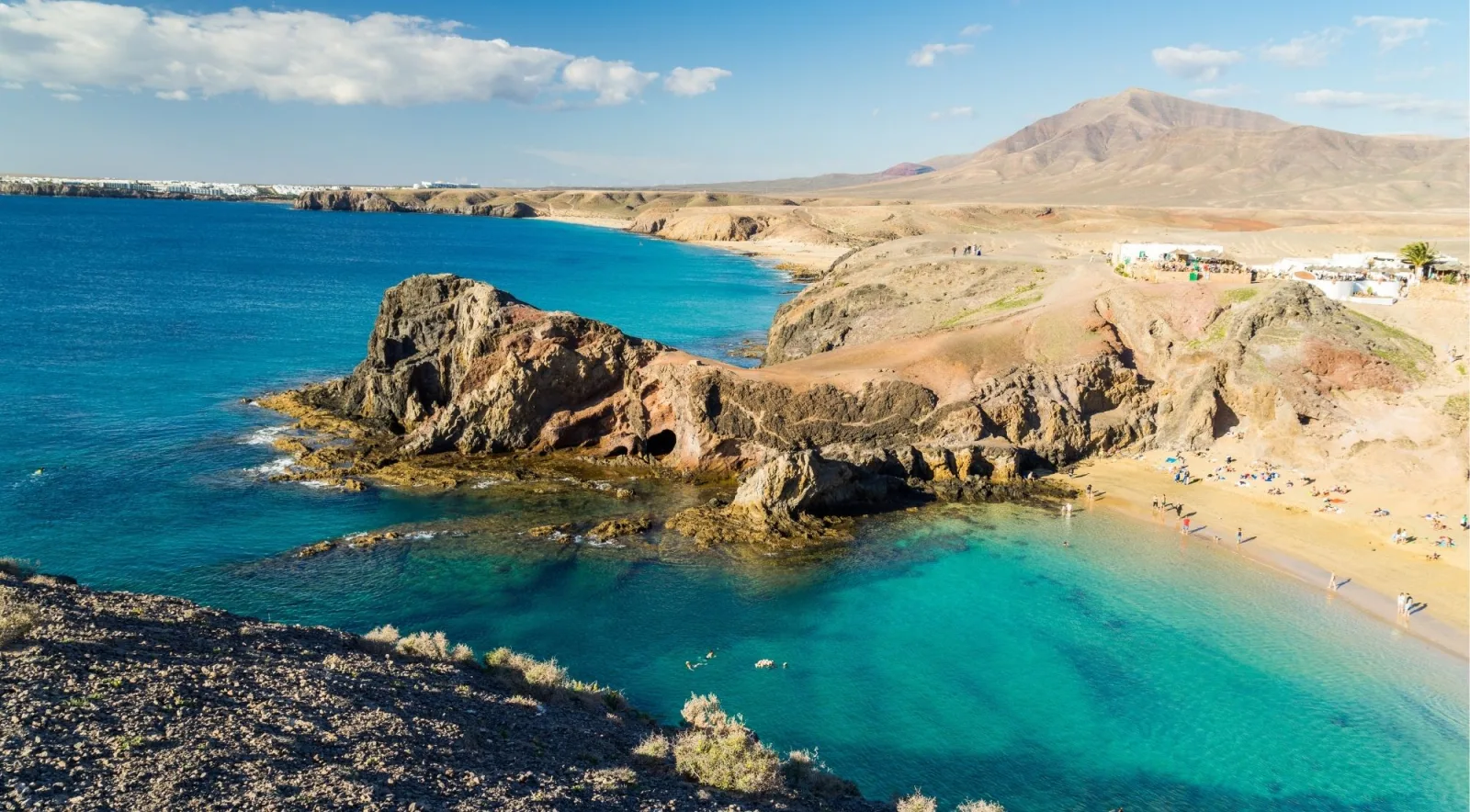 Turquoise water and a golden cove below the volcanic headland at Playa de Papagayo