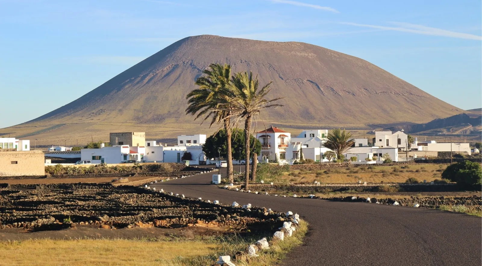A large volcanic cone rising behind the white houses and palms of a Lanzarote village