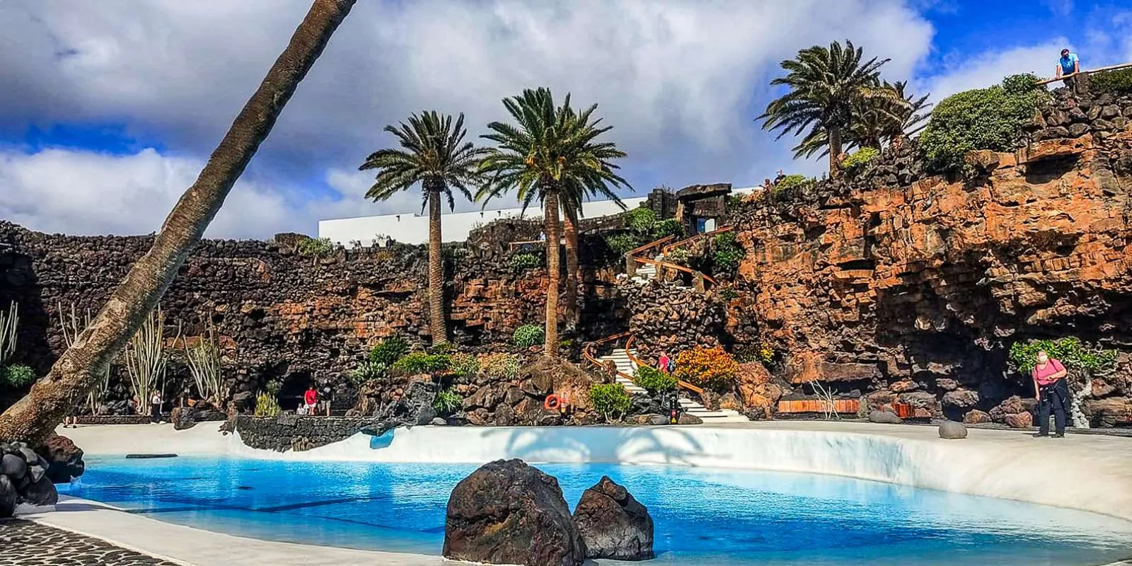 The white lagoon and palms of Jameos del Agua inside a collapsed lava tube