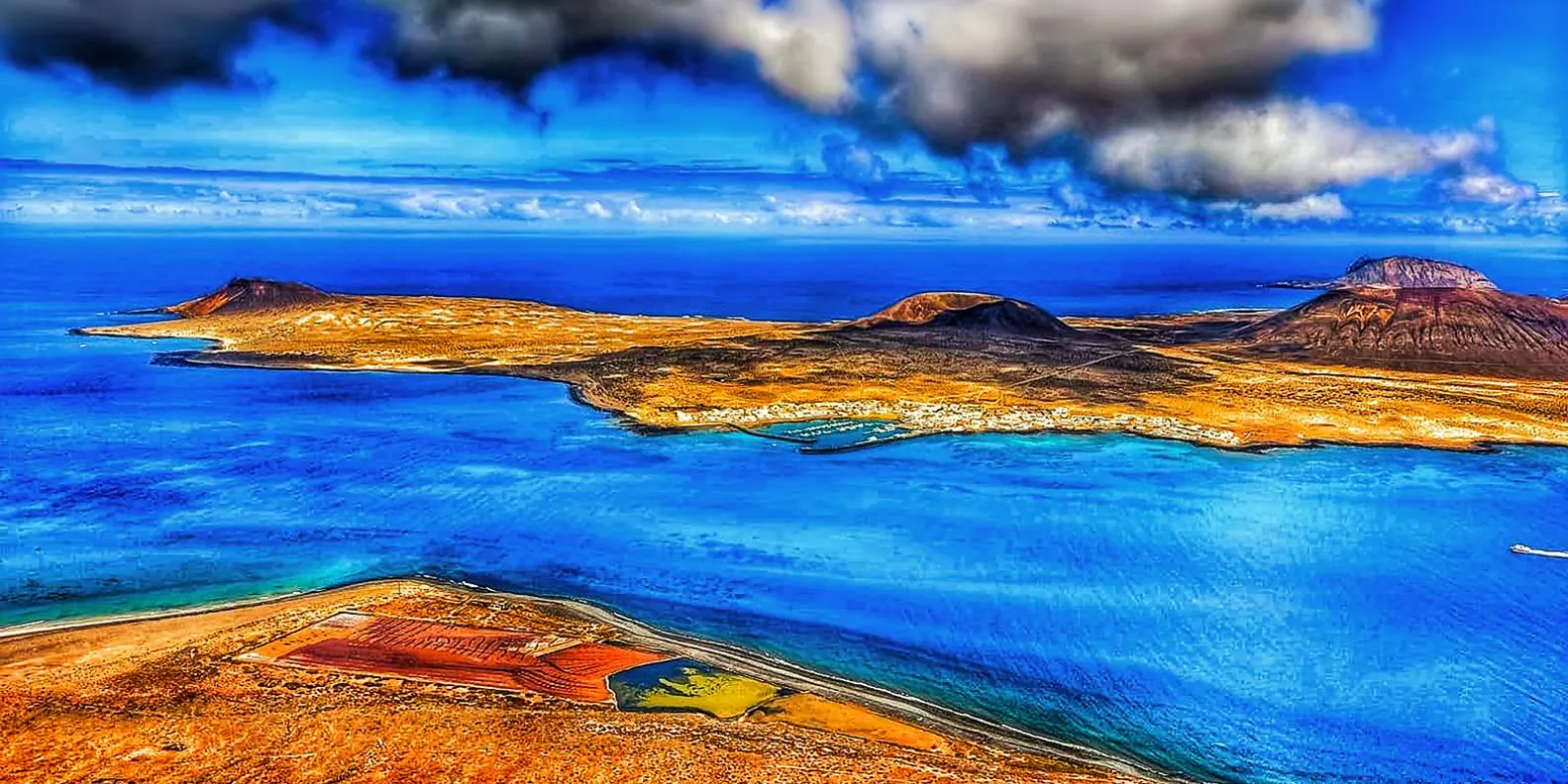 View from the Mirador del Río cliffs across the strait to the island of La Graciosa