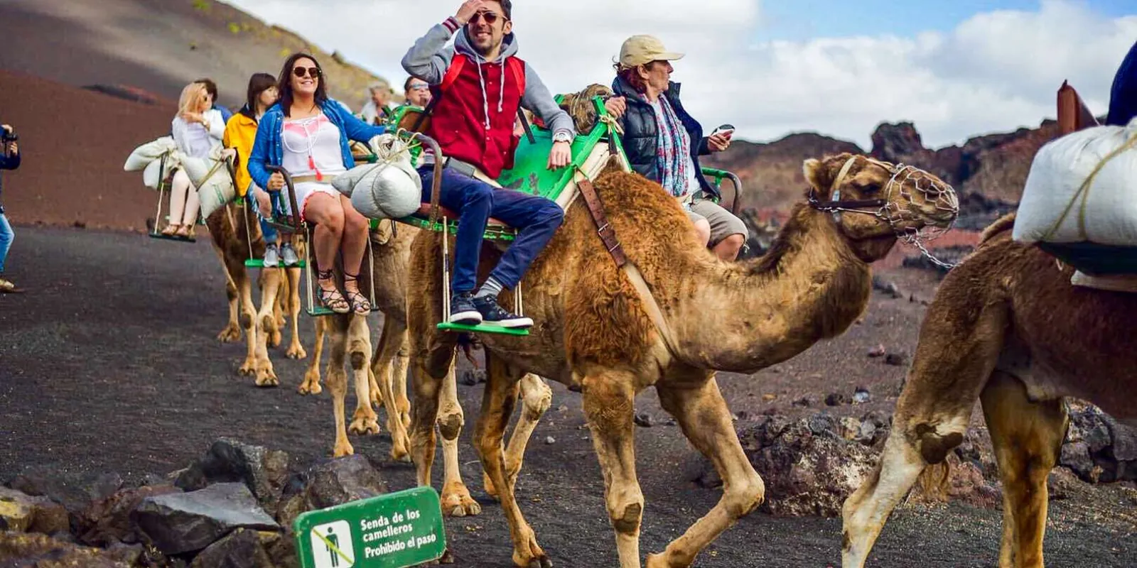 Saddled camels resting on red cinder below a Timanfaya crater at the camel station