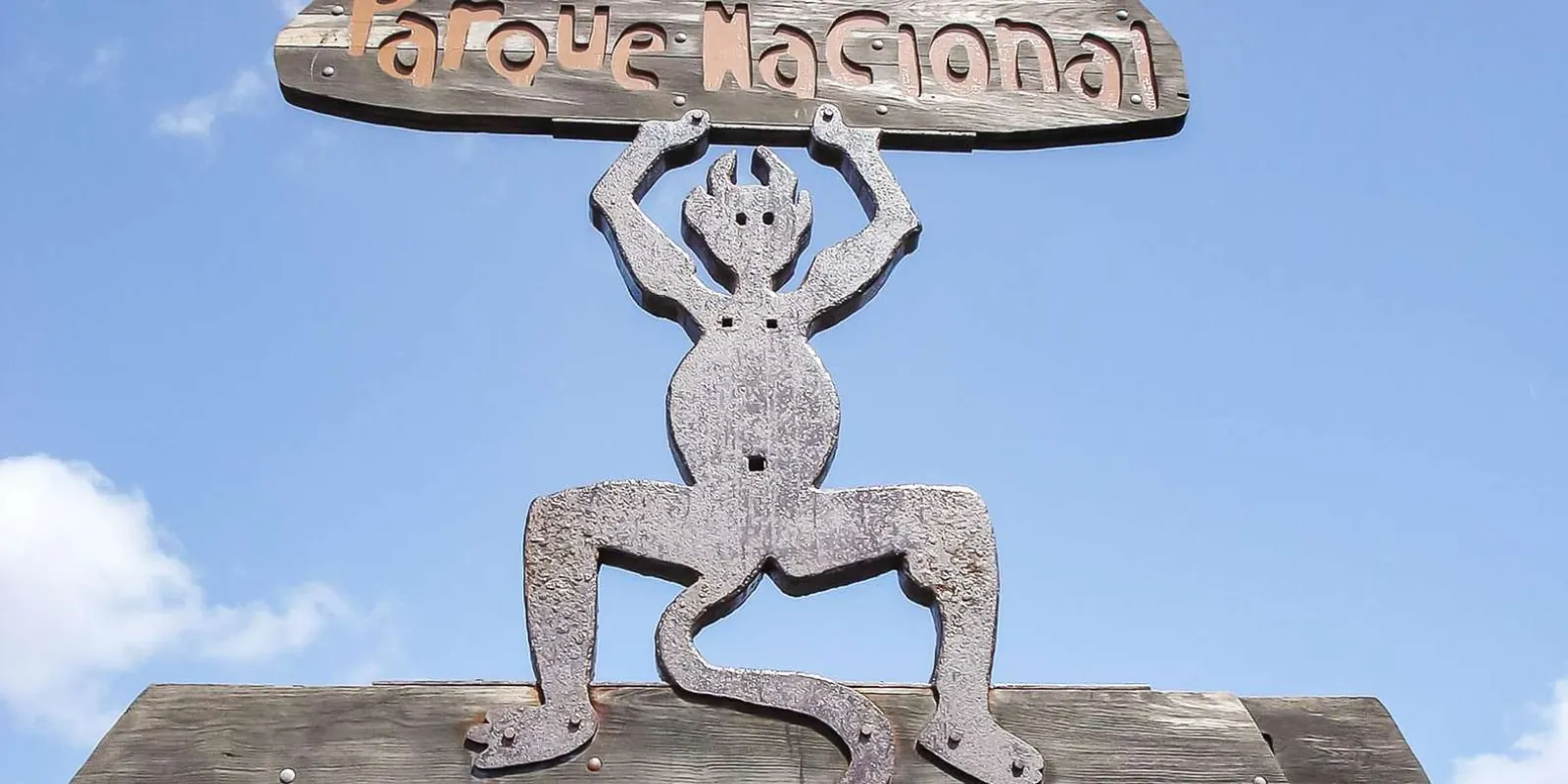 The wrought-iron devil and Parque Nacional sign marking the entrance to Timanfaya