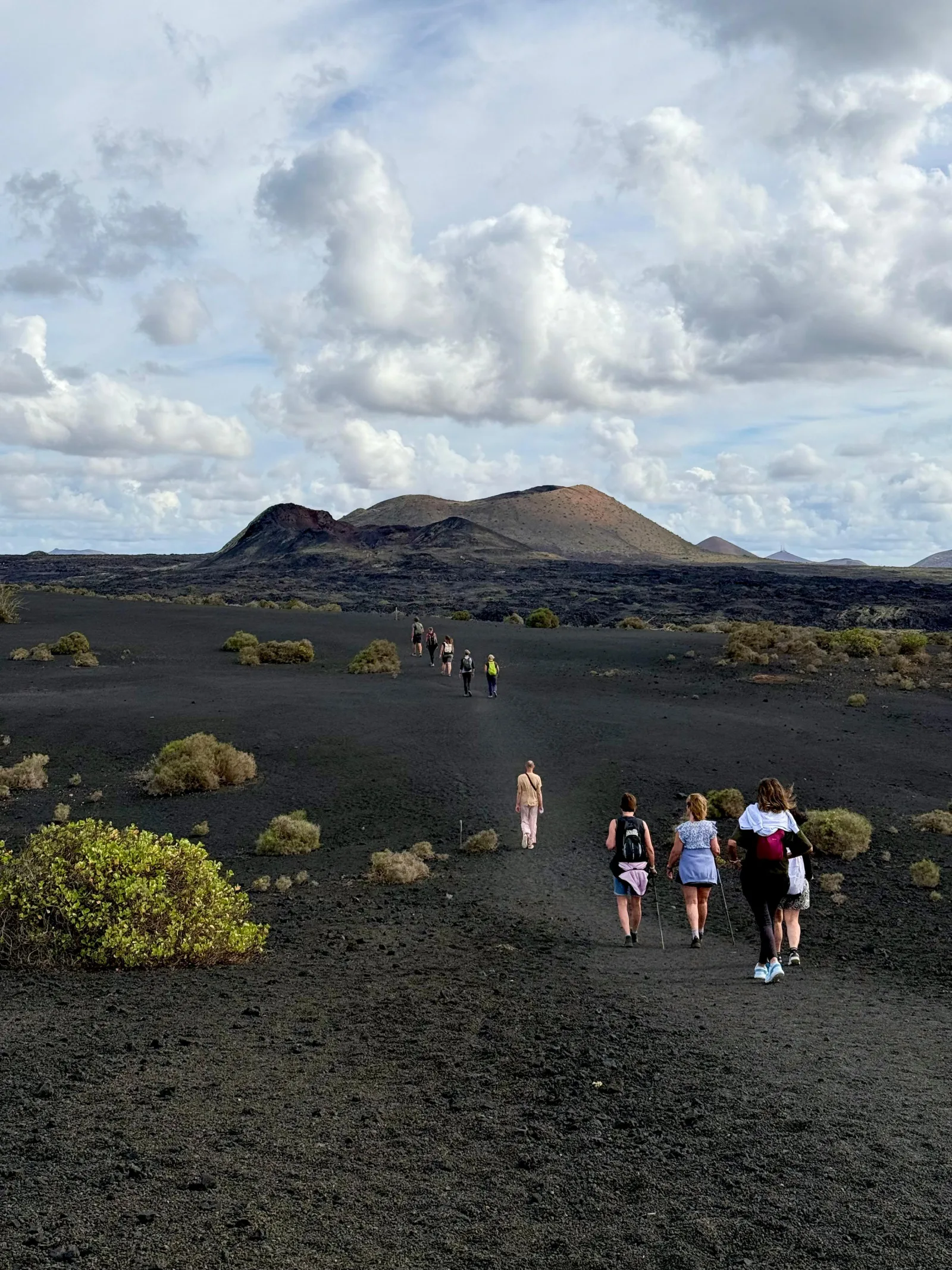 A guided group crossing a plain of black volcanic cinder towards distant craters